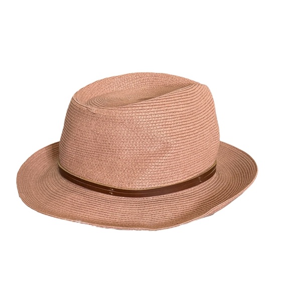 Anthropologie pink paper fedora hat made from paper soft boho suede tie - Picture 2 of 5